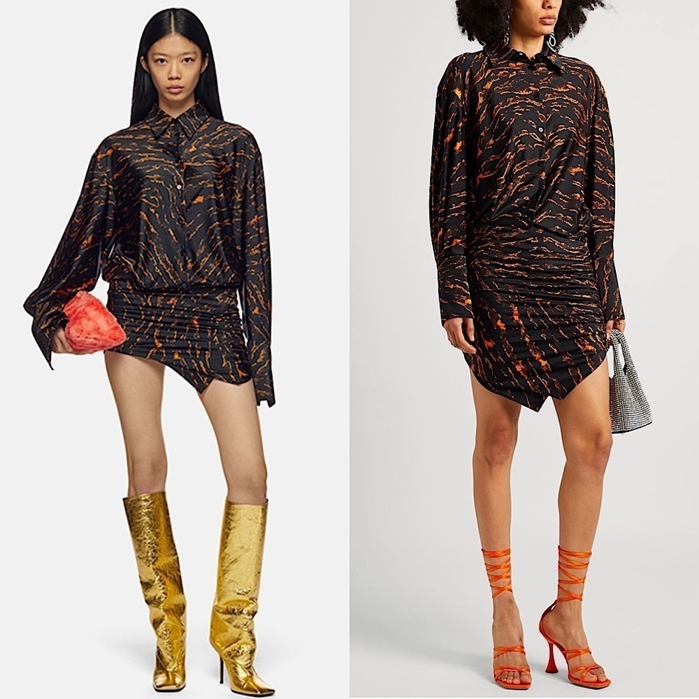 NWT ATTICO Abstract Print Satin Long Sleeve Asymmetric Button Up Shirt Dress XS